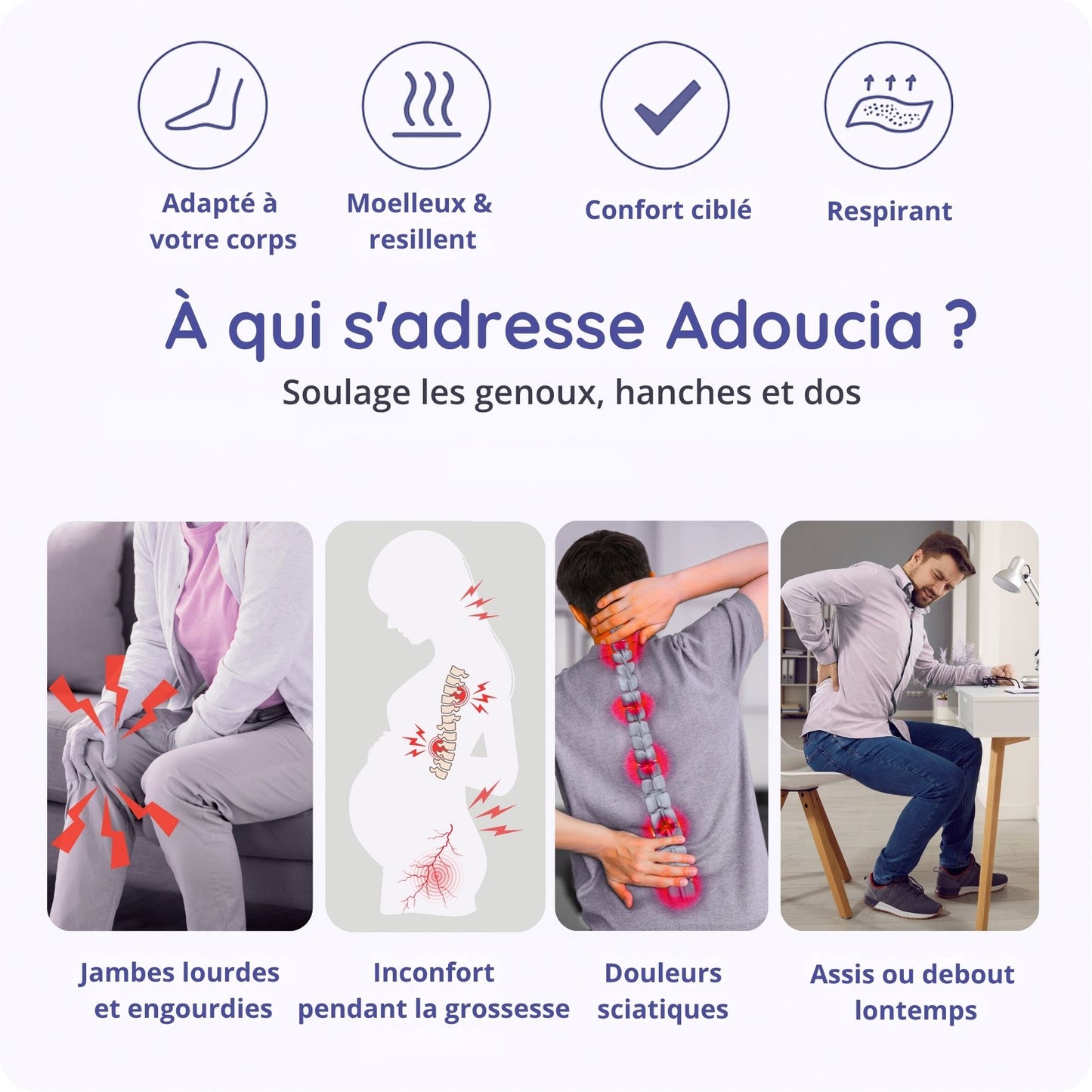Adoucia - Le coussin 360° qui élimine douleurs lombaires, sciatiques et genoux